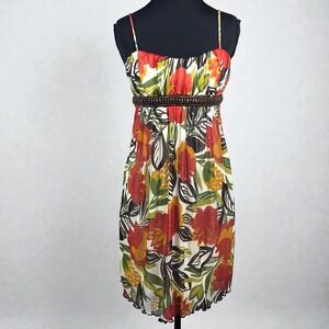 Y2K City Triangles Dress Woman Small Floral Empire Waist Beaded Trim Tropical